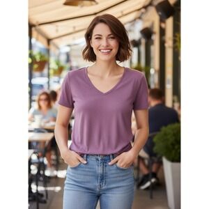 A New Day Womens V-Neck Short Sleeve T-Shirt Mauve Pink Medium Basic Tee